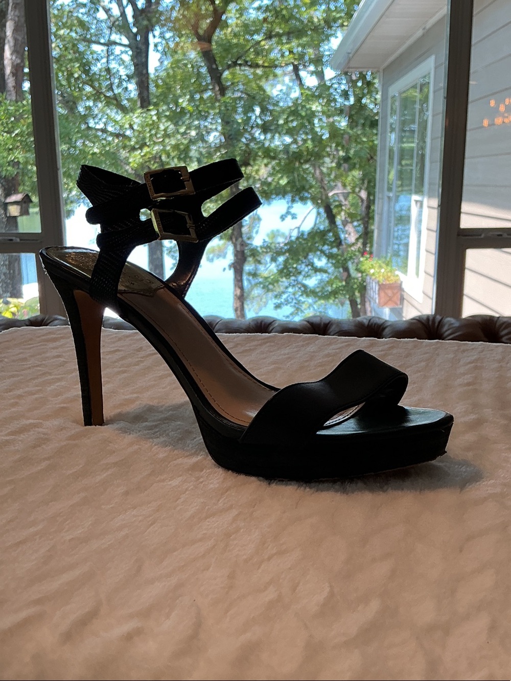 Vince Camuto Black Double-Ankle Strap Platform Stilettos